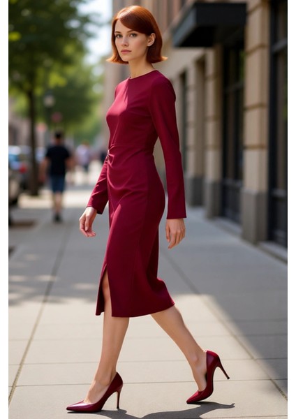 Kadın Bordo A Line Kesim Midi Elbise Aksesuar Detaylı Uzun Kollu Şık Krep Dokuma Bisiklet Yaka