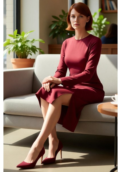 Kadın Bordo A Line Kesim Midi Elbise Aksesuar Detaylı Uzun Kollu Şık Krep Dokuma Bisiklet Yaka fiyatları