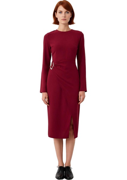 Kadın Bordo A Line Kesim Midi Elbise Aksesuar Detaylı Uzun Kollu Şık Krep Dokuma Bisiklet Yaka modelleri