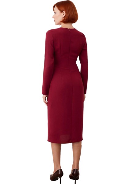 Kadın Bordo A Line Kesim Midi Elbise Aksesuar Detaylı Uzun Kollu Şık Krep Dokuma Bisiklet Yaka fırsatları