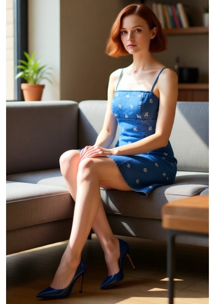 Kadın Kare Yaka A Line Denim Mini Elbise Fiyonk Desenli Ince Askılı Yazlık ve Günlük Stil Kaliteli