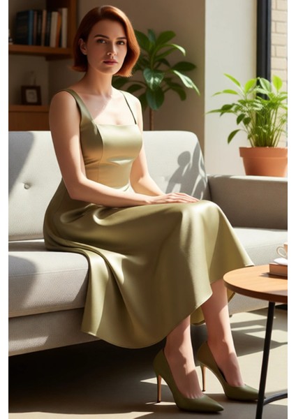 Kadın Abiye Kokteyl Elbisesi Skater Kalıp Kare Yaka Kalın Askılı Midi Dokuma Saten Şık Kaliteli