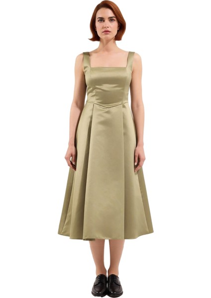 Kadın Abiye Kokteyl Elbisesi Skater Kalıp Kare Yaka Kalın Askılı Midi Dokuma Saten Şık Kaliteli fiyatları