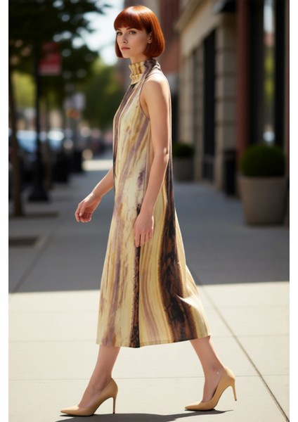 Kadınlar Için Şık Shift Kalıp Kolsuz Maxi Saten Dokuma Elbise Halter Yaka Soyut Desen Yazlık Konfor