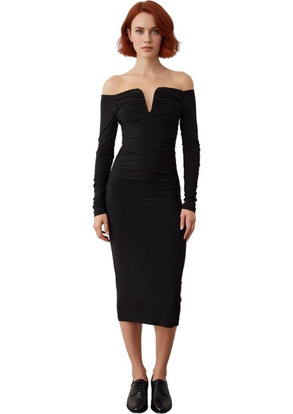 Kadın Bodycon Carmen Yaka Örme Uzun Kollu Büzgü Detaylı Şık Gece Elbisesi Sandy Dokuma Kaliteli modelleri