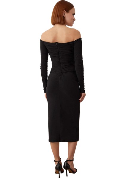 Kadın Bodycon Carmen Yaka Örme Uzun Kollu Büzgü Detaylı Şık Gece Elbisesi Sandy Dokuma Kaliteli fırsatları