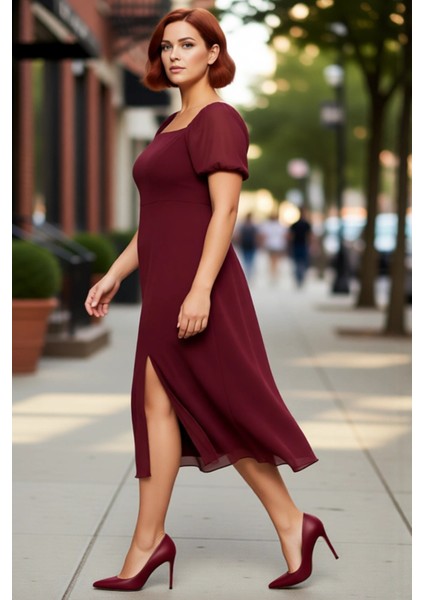 Kadınlar Için A Line Kare Yaka Midi Boy Balon Kol Astarlı Şık Dokuma Yırtmaçlı Büyük Beden Elbise