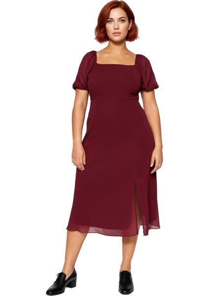 Kadınlar Için A Line Kare Yaka Midi Boy Balon Kol Astarlı Şık Dokuma Yırtmaçlı Büyük Beden Elbise modelleri