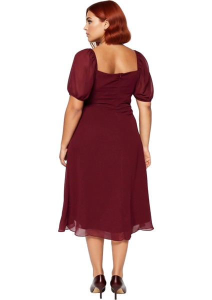 Kadınlar Için A Line Kare Yaka Midi Boy Balon Kol Astarlı Şık Dokuma Yırtmaçlı Büyük Beden Elbise fırsatları