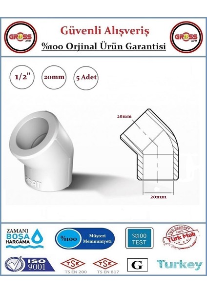 PPRC 45 Derece Dirsek - 20mm - 5 Adet
