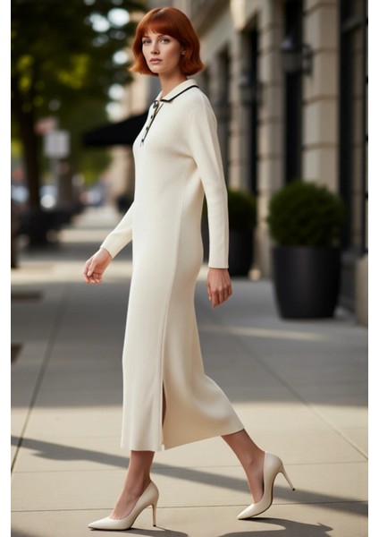 Kadın Renk Bloklu Polo Yaka Triko Elbise Shift Kalıp Standart Kol Maxi Boy Günlük Kullanım Için Şık fırsatları