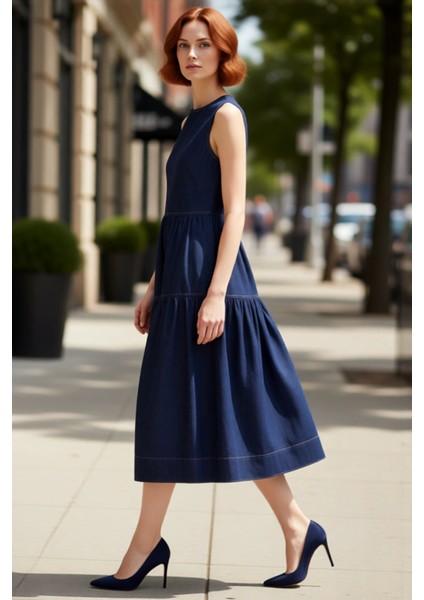 Kadınlar Için %100 Pamuk Midi Volanlı Denim Elbise Kolsuz Rahat Şık ve Modern Tasarım Kaliteli fırsatları