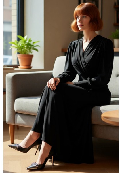 Kadınlar Için Kruvaze Yaka Balon Kol Düz Desen Maxi Örme Elbise Akışkan Kış Şıklığı Sunuyor fiyatları