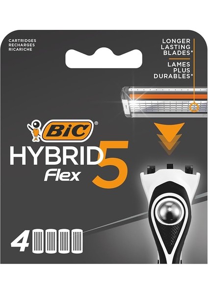 Hybrid 5 Flex 4'lü Yedek Tıraş Bıçağı Kartuşu (5 Bıçak), 5 Nano Teknolojik Titanyum Bıçak, E Vitamini ile Zenginleştirilmiş Geniş Kayganlaştırıcı Bant