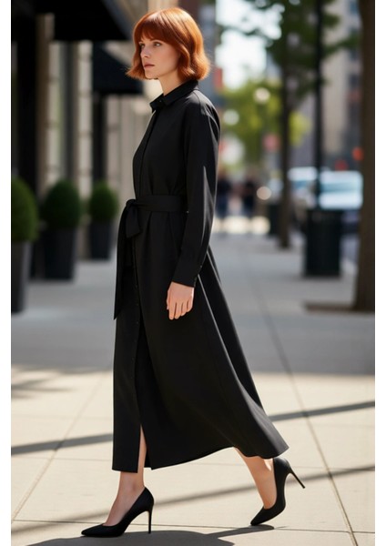 Kadın Lila Kuşaklı Dokuma Gömlek Elbise Rahat Standart Kol Maxi Boy Düz Desen Şıklığı Kaliteli