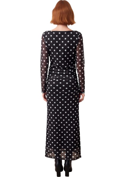 Kadın Puantiyeli Maxi Elbise Uzun Kollu V Yaka Bodycon Kalıp Tül Dokulu Şık Kışlık Giyim Tarzı modelleri