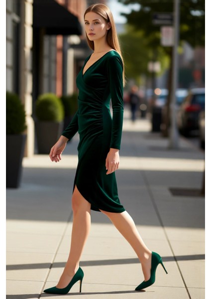 Kadın Kadife Bodycon Midi Uzun Kollu Kruvaze Yaka Örme Şık Drape Detaylı Kokteyl Elbisesi Kaliteli