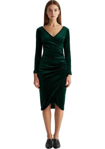 Kadın Kadife Bodycon Midi Uzun Kollu Kruvaze Yaka Örme Şık Drape Detaylı Kokteyl Elbisesi Kaliteli modelleri