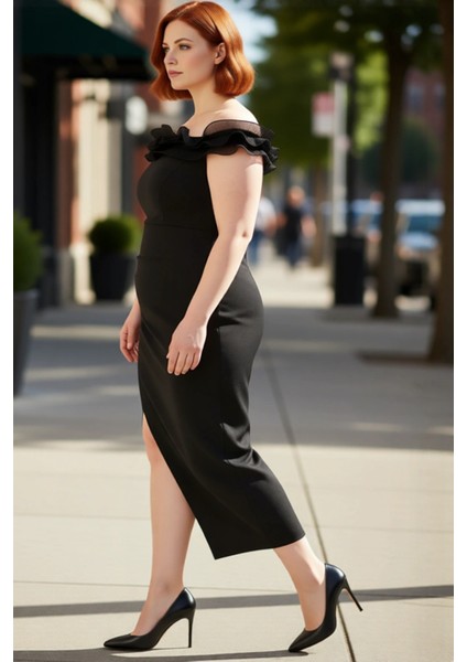 Kadın Büyük Beden A Line Kesim Düz Desen Kolsuz Fırfırlı Carmen Yaka Maxi Elbise Şık Davetler Için