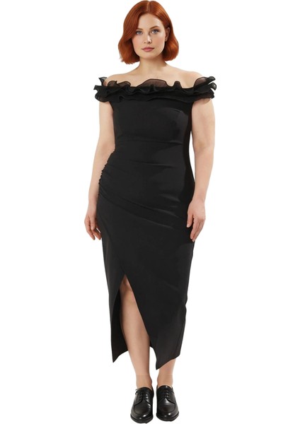 Kadın Büyük Beden A Line Kesim Düz Desen Kolsuz Fırfırlı Carmen Yaka Maxi Elbise Şık Davetler Için modelleri