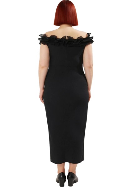 Kadın Büyük Beden A Line Kesim Düz Desen Kolsuz Fırfırlı Carmen Yaka Maxi Elbise Şık Davetler Için fırsatları