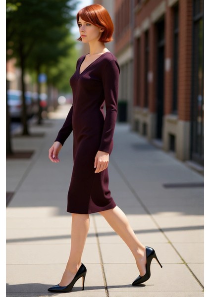 Kadınlar Için Bodycon Midi Triko Elbise V Yaka Uzun Kol Düz Desen Rahat Şık Ilkbahar Sonbahar Stili