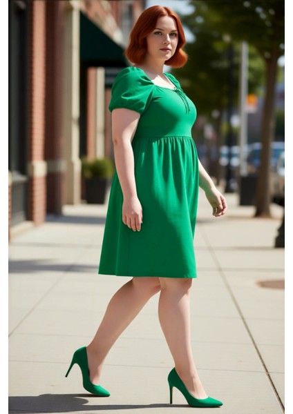 Kadın Skater Kalıp Balon Kol Kare Yaka Mini Elbise %100 Pamuklu Yazlık Konforlu Şık Tasarım