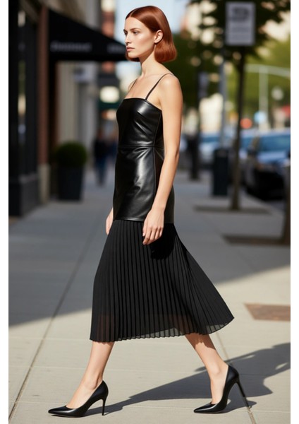 Kadın Suni Deri Detaylı Şifon Plise Etekli Kolsuz Shift Elbise Ilkbahar Yaz Akşamlarına Özel fırsatları
