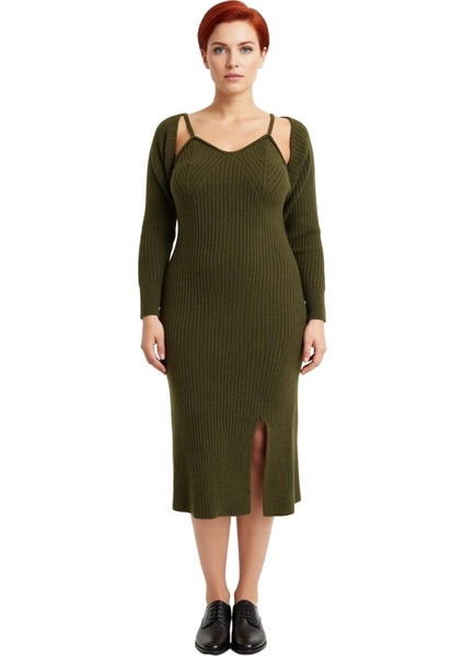 Kadın Haki Fitilli Bodycon Midi Boy Yırtmaçlı Triko Elbise ve Düşük Kollu Bolero Takımı Kaliteli modelleri