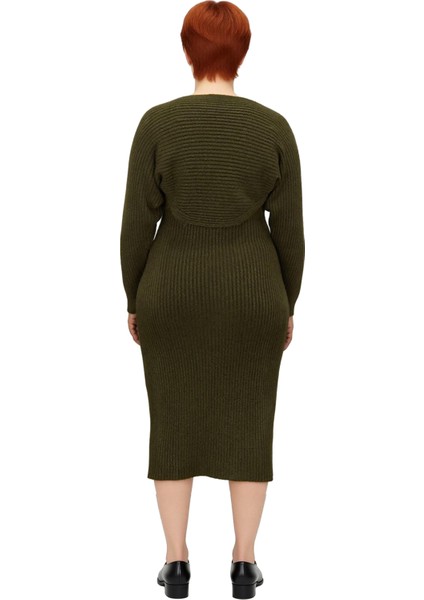 Kadın Haki Fitilli Bodycon Midi Boy Yırtmaçlı Triko Elbise ve Düşük Kollu Bolero Takımı Kaliteli fırsatları