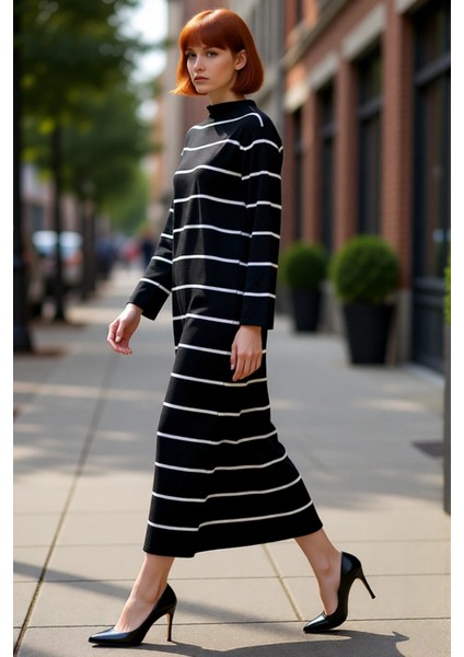 Kadın A Kesim Dik Yaka Çizgili Triko Maxi Elbise Uzun Kollu Günlük Şıklık Sunan Konfor Kaliteli