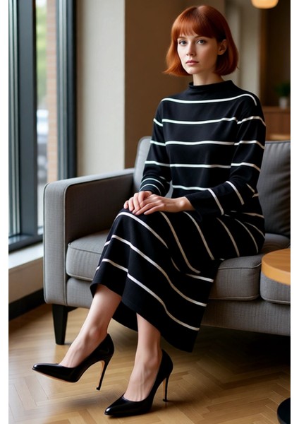 Kadın A Kesim Dik Yaka Çizgili Triko Maxi Elbise Uzun Kollu Günlük Şıklık Sunan Konfor Kaliteli fiyatları