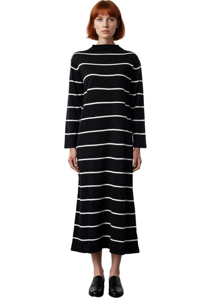 Kadın A Kesim Dik Yaka Çizgili Triko Maxi Elbise Uzun Kollu Günlük Şıklık Sunan Konfor Kaliteli modelleri