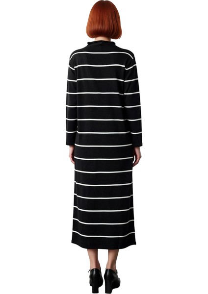 Kadın A Kesim Dik Yaka Çizgili Triko Maxi Elbise Uzun Kollu Günlük Şıklık Sunan Konfor Kaliteli fırsatları
