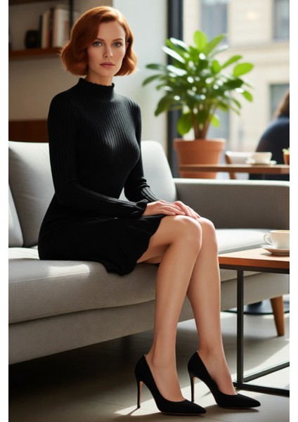 Kadın Fitilli Triko Mini Elbise Fırfır Detaylı Uzun Kollu Dik Yaka Kışlık Şıklık ve Konfor Sunar fiyatları