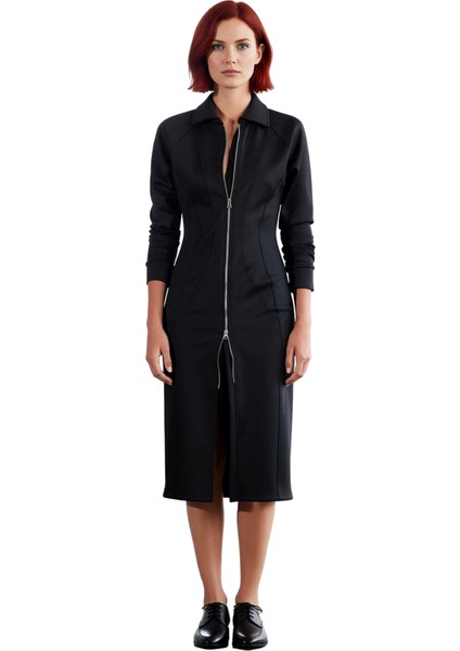 Kadın Siyah Bodycon Midi Elbise Polo Yaka Tam Fermuar Detaylı Uzun Kollu Şık Örme Tasarım Kaliteli modelleri