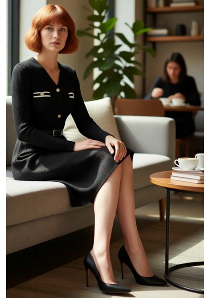 Kadın Siyah V Yaka Triko Elbise Düğme Detaylı Kemerli Midi Boy Şık ve Rahat Kışlık Tasarım fiyatları