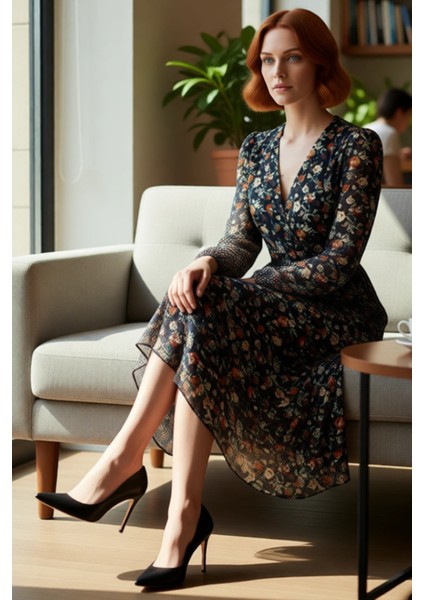 Kadın Kruvaze Yaka Şifon Midi Elbise Soyut Desenli Kemerli Uzun Balon Kol Skater Kalıp Modeli fiyatları