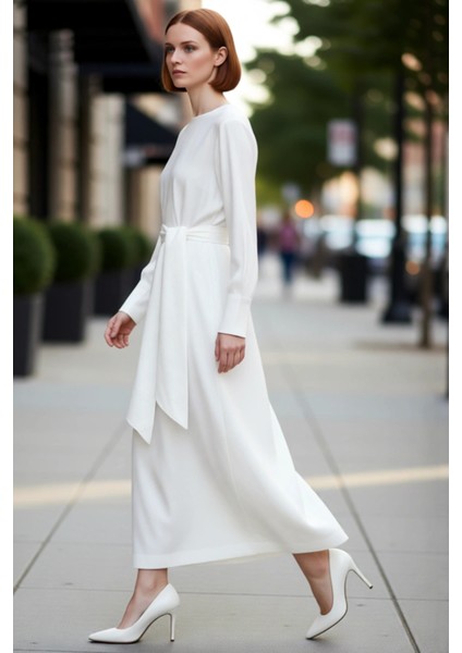 Kadın Ekru Shift Kalıp Kuşaklı Maxi Boy Bisiklet Yaka Uzun Kol Dokuma Keten Aerobin Elbise Şıklık