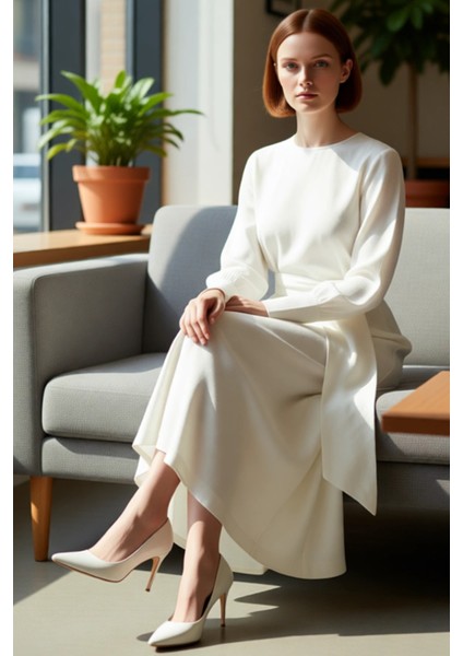 Kadın Ekru Shift Kalıp Kuşaklı Maxi Boy Bisiklet Yaka Uzun Kol Dokuma Keten Aerobin Elbise Şıklık fiyatları