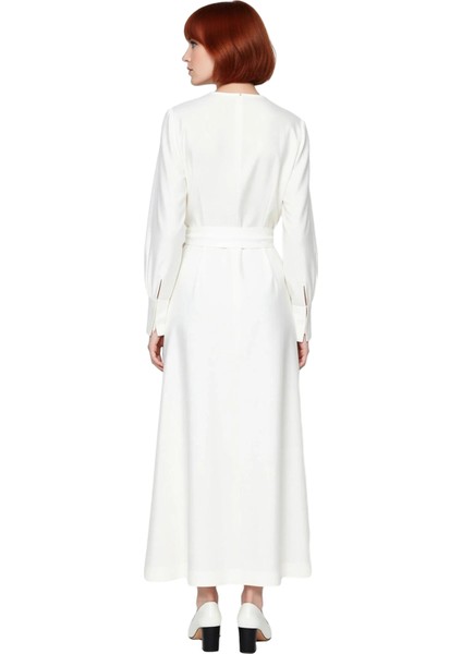 Kadın Ekru Shift Kalıp Kuşaklı Maxi Boy Bisiklet Yaka Uzun Kol Dokuma Keten Aerobin Elbise Şıklık fırsatları