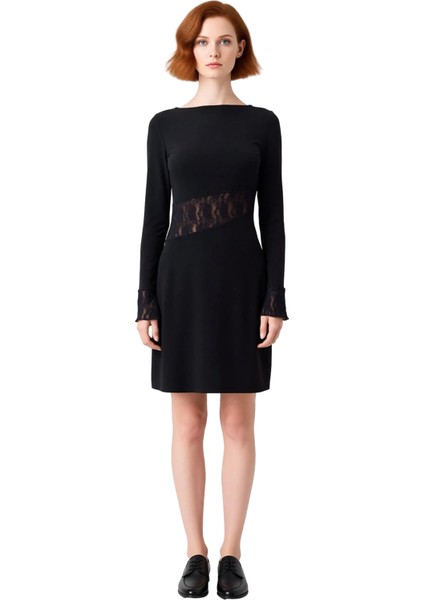 Kadın Bodycon Kesim Uzun Kollu Kayık Yaka Dantel Detaylı Mini Elbise Şık Kışlık Kombinlerinize modelleri