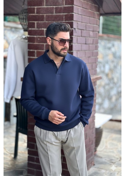 Erkek Lacivert Polo Yakalı Pamuklu Yumuşak Kalın Kumaşlı Oversize Sweatshirt