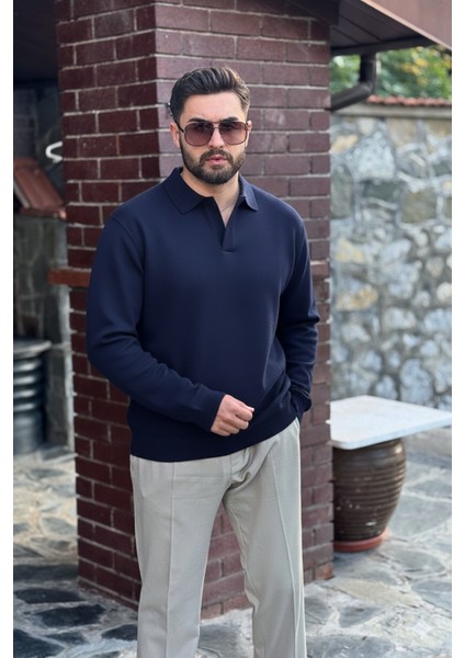 Erkek Lacivert Polo Yakalı Pamuklu Yumuşak Kalın Kumaşlı Oversize Sweatshirt