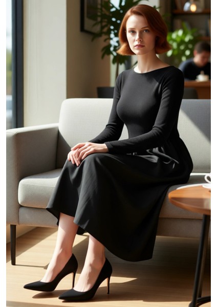 Kadın Skater Kalıp Uzun Kollu Kayık Yaka Maxi Boy Örme Dokuma Kışlık Elbise Günlük Şıklık Için fiyatları