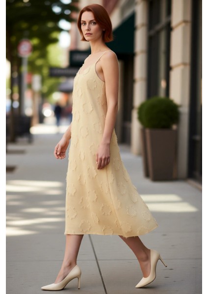 Kadınlar Icin A Line Kesim Ince Askılı Midi Boy Havuz Yaka Flamlı Dokuma Yazlık Elbise Gunluk Siklik