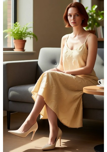 Kadınlar Icin A Line Kesim Ince Askılı Midi Boy Havuz Yaka Flamlı Dokuma Yazlık Elbise Gunluk Siklik fiyatları