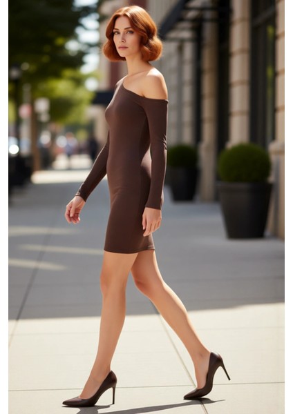 Kadın Bodycon Asimetrik Yaka Uzun Kollu Fitilli Örme Mini Elbise Gündüz Gece Davet Stili Kaliteli