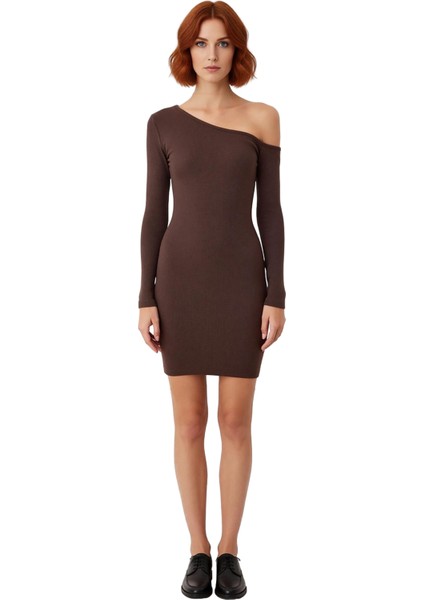 Kadın Bodycon Asimetrik Yaka Uzun Kollu Fitilli Örme Mini Elbise Gündüz Gece Davet Stili Kaliteli modelleri