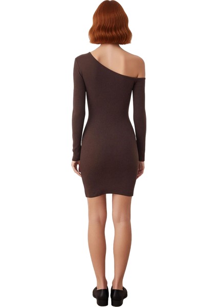 Kadın Bodycon Asimetrik Yaka Uzun Kollu Fitilli Örme Mini Elbise Gündüz Gece Davet Stili Kaliteli fırsatları